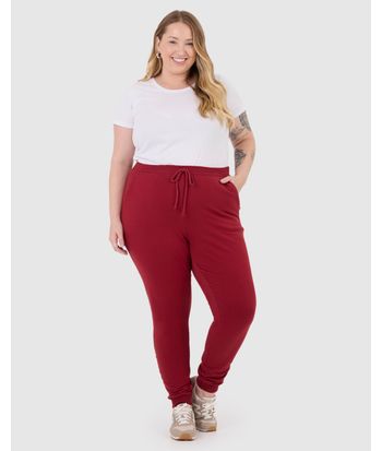 Calça Básica Feminina Plus Size Jogger Em Moletom Stretch Flanelado