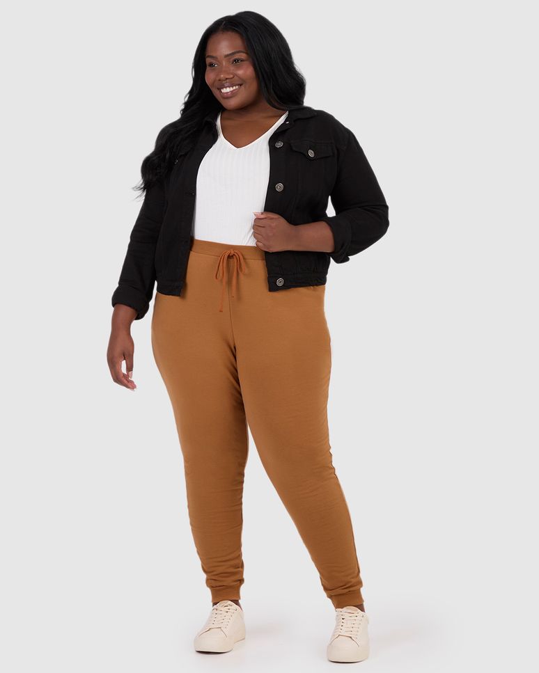 Calça Básica Feminina Plus Size Jogger Em Moletom Stretch Flanelado