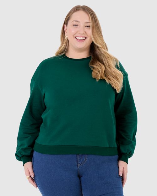 Blusão Básico Feminino Plus Size Decote Redondo Em Moletom Stretch Flanelado