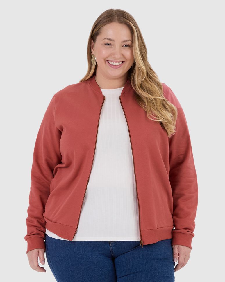 Jaqueta Básica Feminina Plus Size Gola Canelada Em Moletom Flanelado