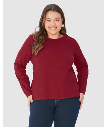 Blusa Básica Feminina Plus Size Manga Longa Em Algodão