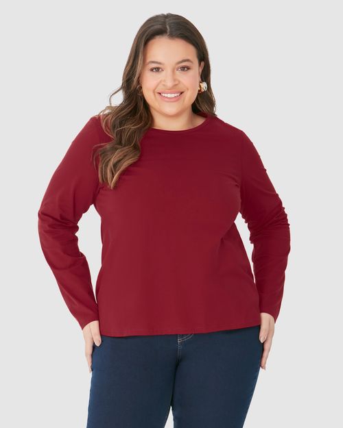 Blusa Básica Feminina Plus Size Manga Longa Em Algodão
