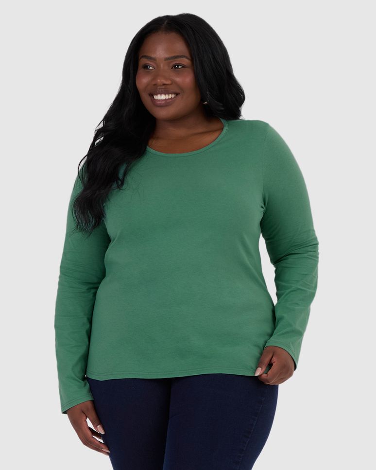 Blusa Básica Feminina Plus Size Manga Longa Em Algodão
