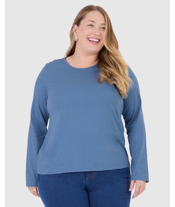 Blusa Básica Feminina Plus Size Manga Longa Em Algodão