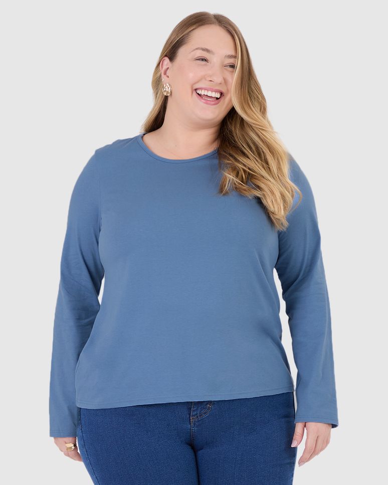 Blusa Básica Feminina Plus Size Manga Longa Em Algodão