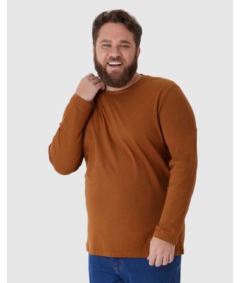 Camiseta Básica Masculina Plus Size Manga Longa Em Algodão