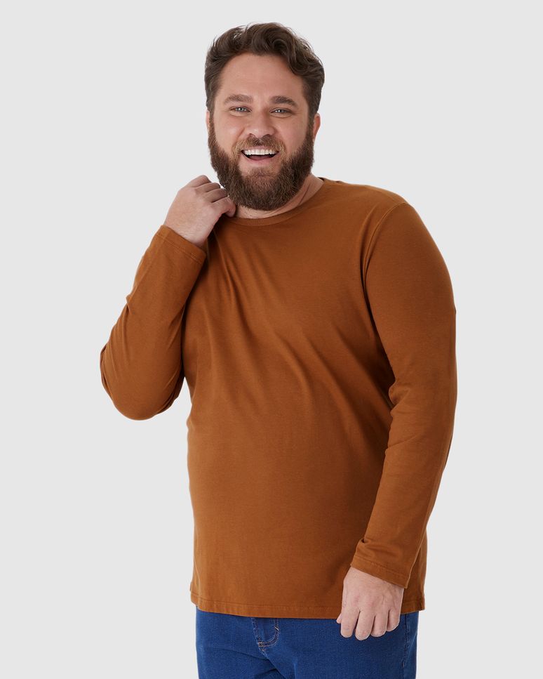Camiseta Básica Masculina Plus Size Manga Longa Em Algodão
