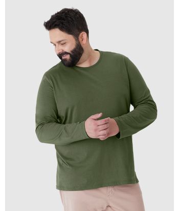 Camiseta Básica Masculina Plus Size Manga Longa Em Algodão