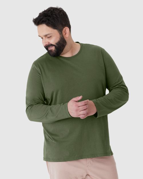 Camiseta Básica Masculina Plus Size Manga Longa Em Algodão