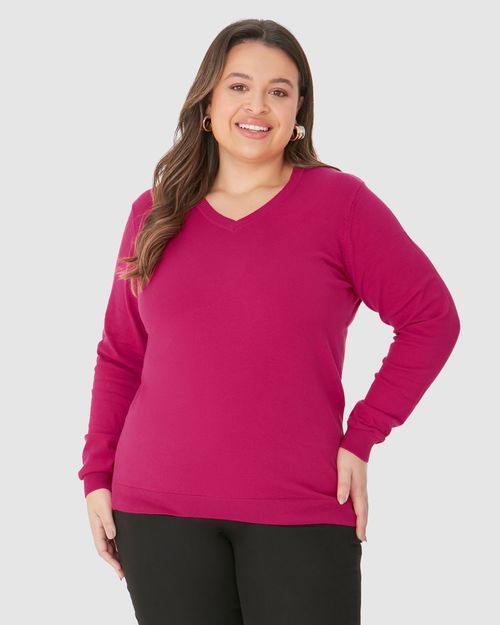 Suéter Básico Feminino Plus Size Gola V Em Tricô