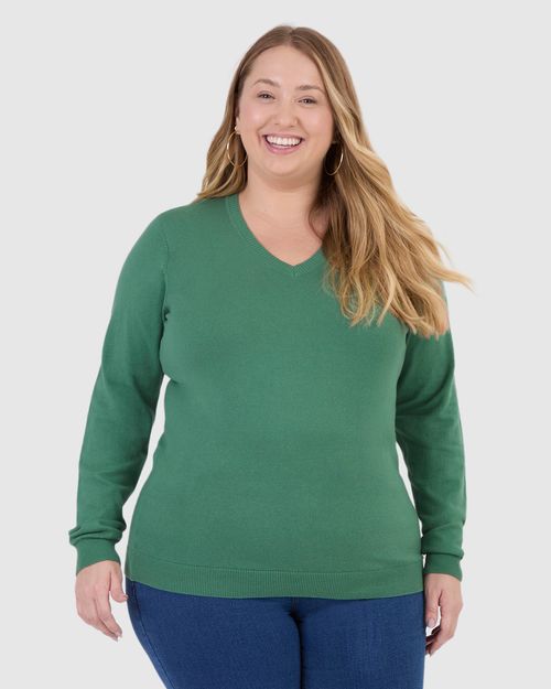 Suéter Básico Feminino Plus Size Gola V Em Tricô