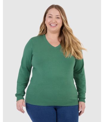 Suéter Básico Feminino Plus Size Gola V Em Tricô