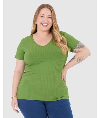 Blusa Básica Feminina Plus Size Decote V Em Canelado De Viscose