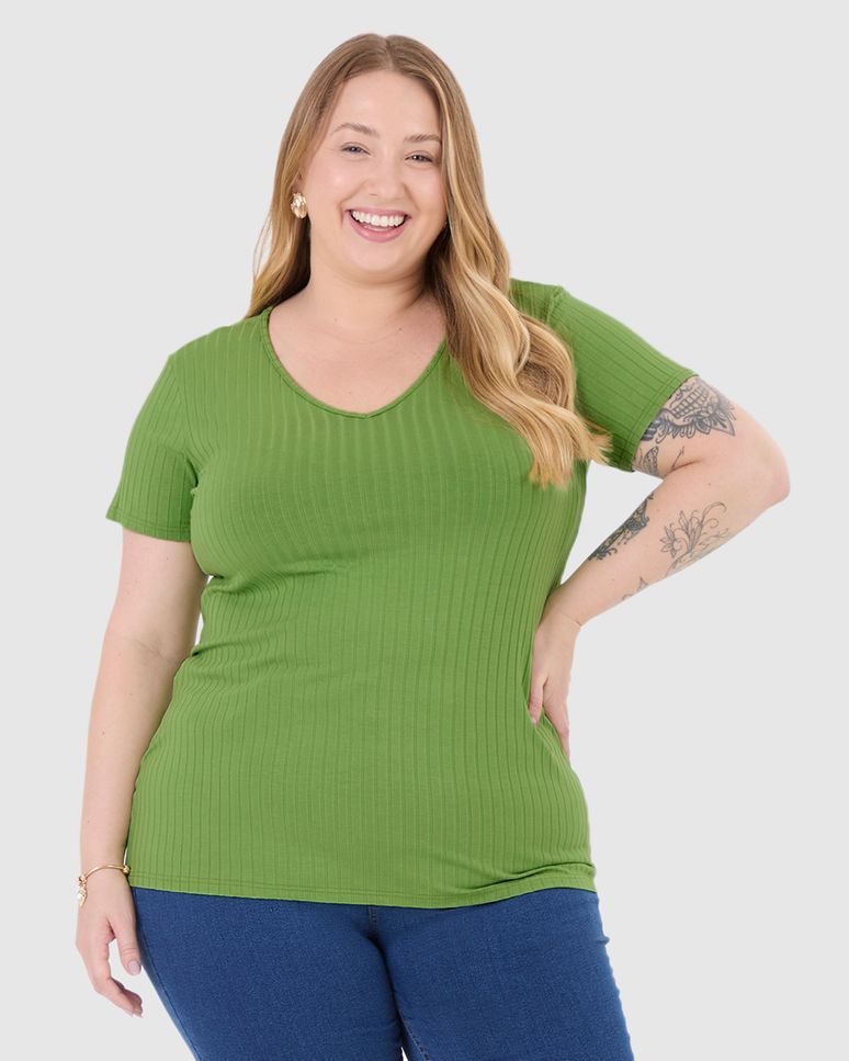Blusa Básica Feminina Plus Size Decote V Em Canelado De Viscose
