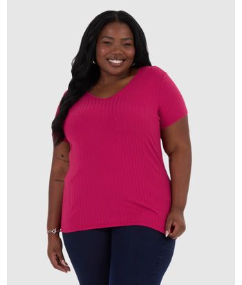 Blusa Básica Feminina Plus Size Decote V Em Canelado De Viscose