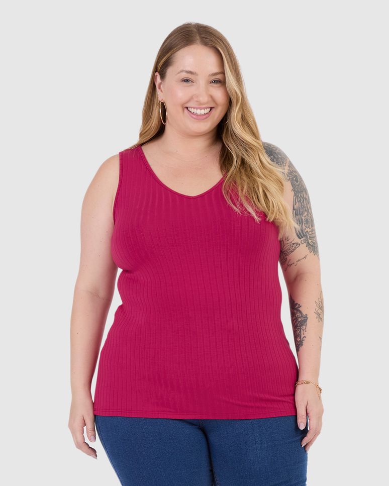 Regata Básica Feminina Plus Size Decote V Em Canelado De Viscose