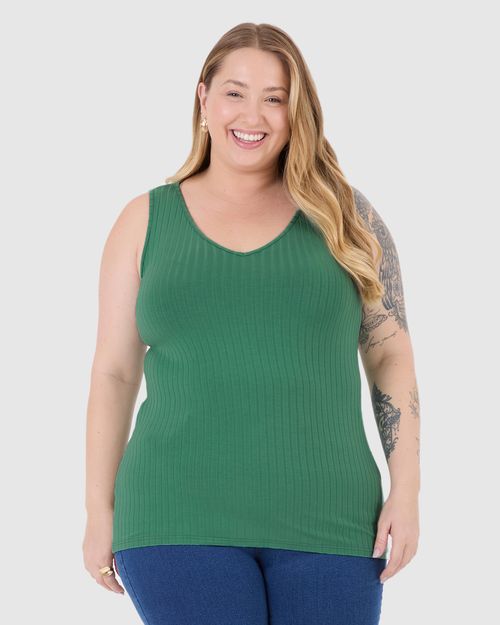 Regata Básica Feminina Plus Size Decote V Em Canelado De Viscose