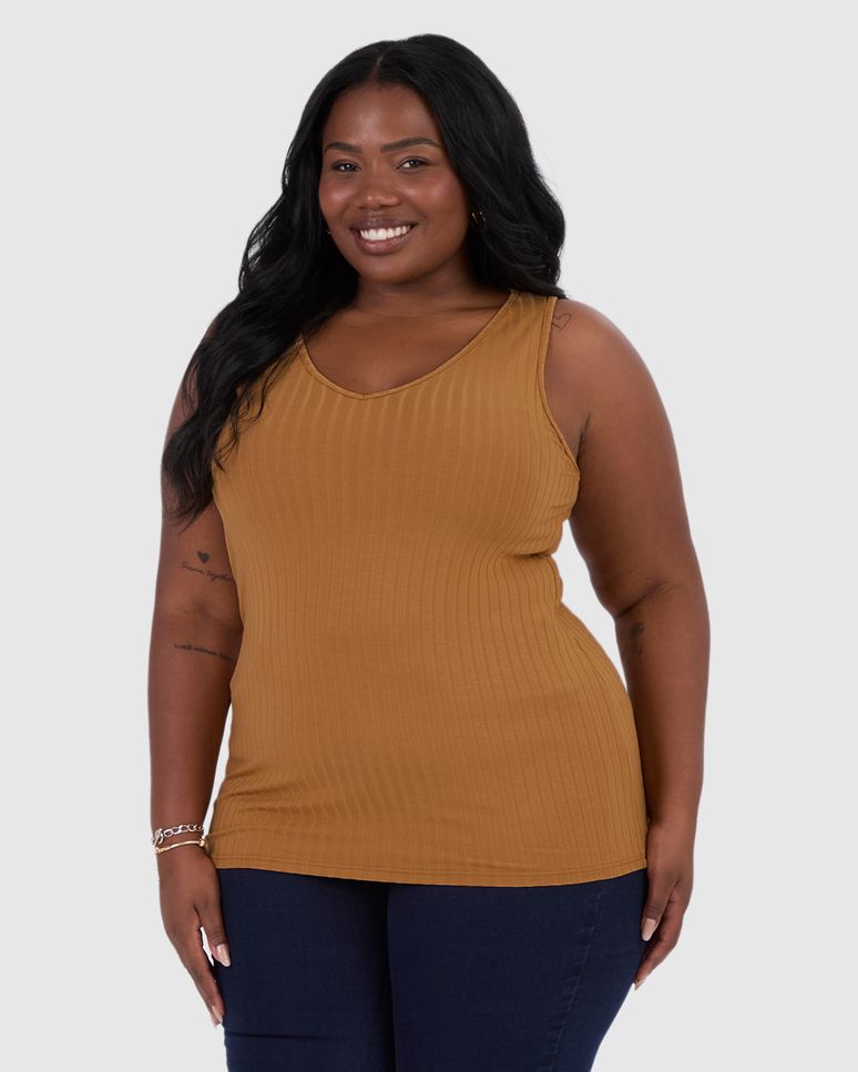 Regata Básica Feminina Plus Size Decote V Em Canelado De Viscose