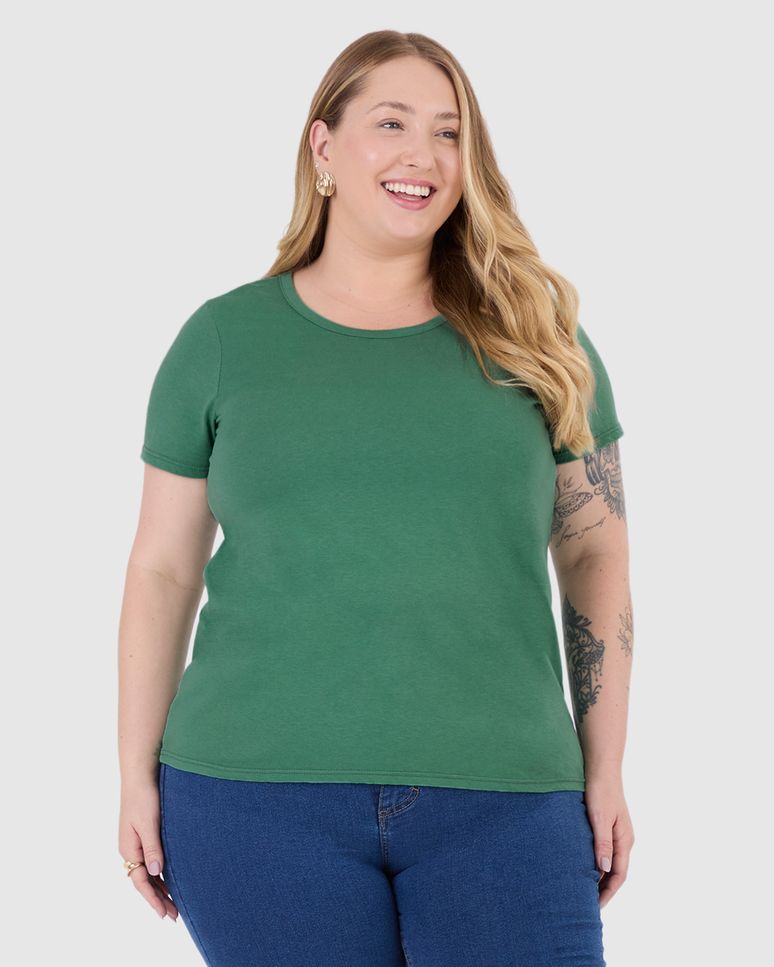 Blusa Básica Feminina Plus Size Decote Redondo Em Algodão