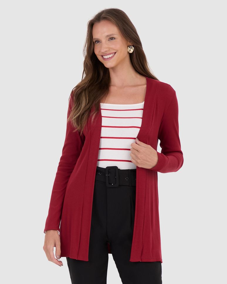Cardigan Feminino Manga Longa Em Malha Canelada De Viscose