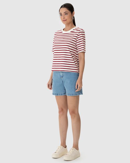 Blusa Feminina Listrada Manga Curta Em Algodão