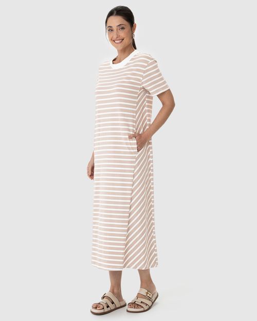 Vestido Midi Feminino Listrado Bolso Funcional Em Malha Algodão