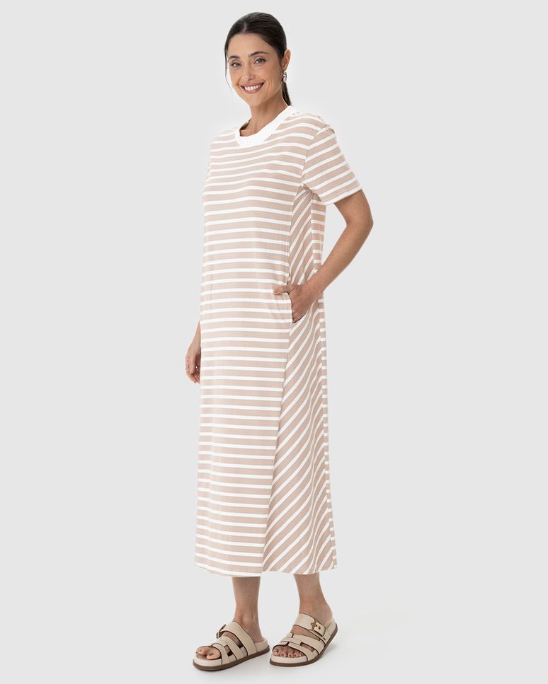 Vestido Midi Feminino Listrado Bolso Funcional Em Malha Algodão