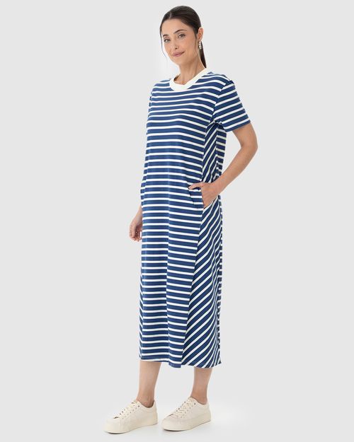Vestido Midi Feminino Listrado Bolso Funcional Em Malha Algodão