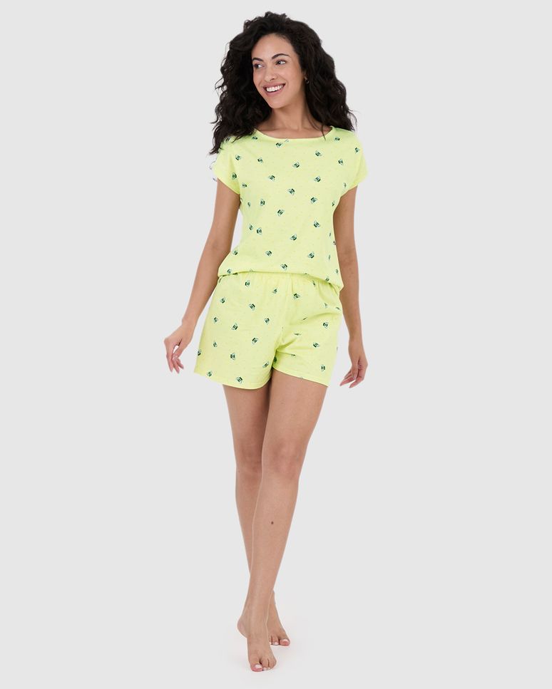 Pijama Curto Feminino Manga Curta Estampado Em Algodão