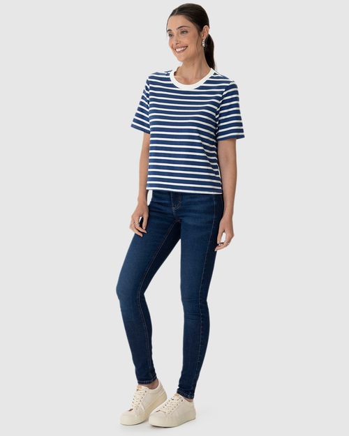 Blusa Feminina Listrada Manga Curta Em Algodão