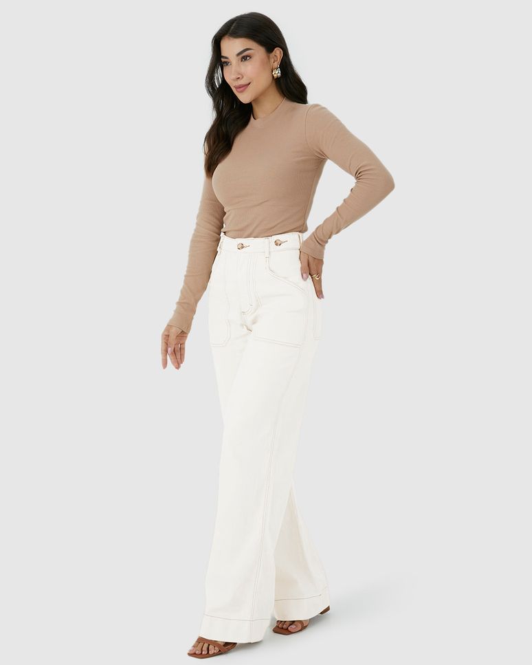 Calça Wide Leg Feminina Costura Contraste Em Sarja Com Elastano
