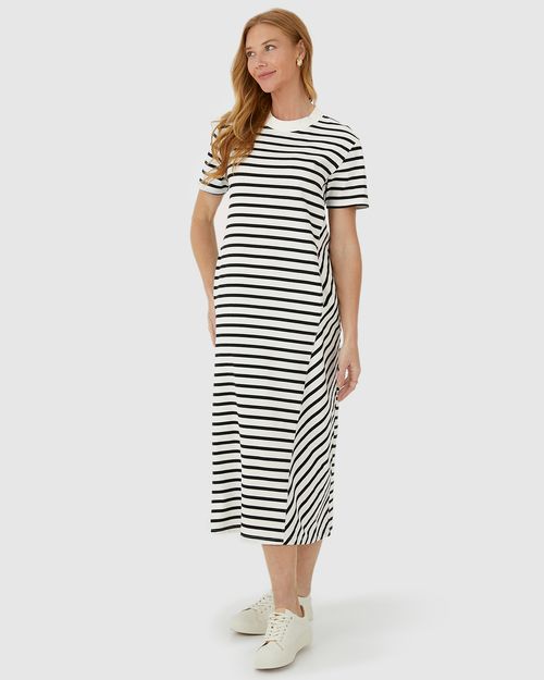 Vestido Midi Feminino Listrado Bolso Funcional Em Malha Algodão