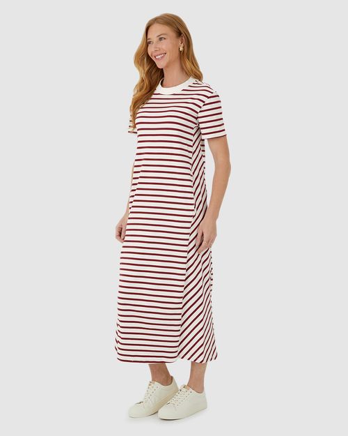Vestido Midi Feminino Listrado Bolso Funcional Em Malha Algodão