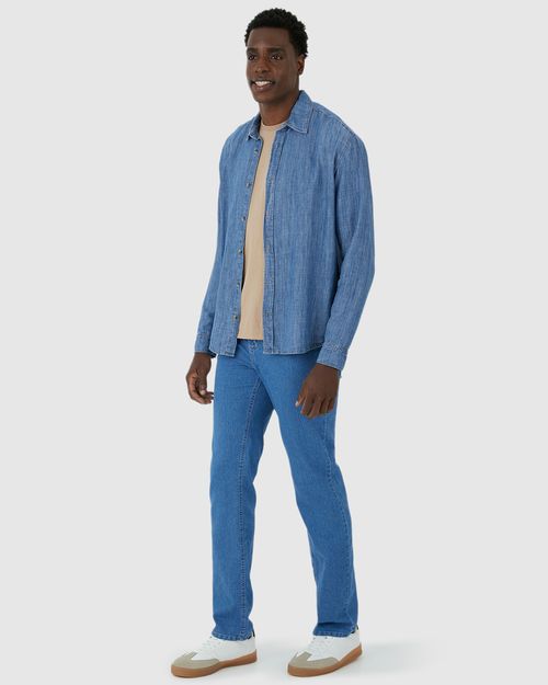Camisa Masculina Tradicional Manga Longa Em Jeans Leve