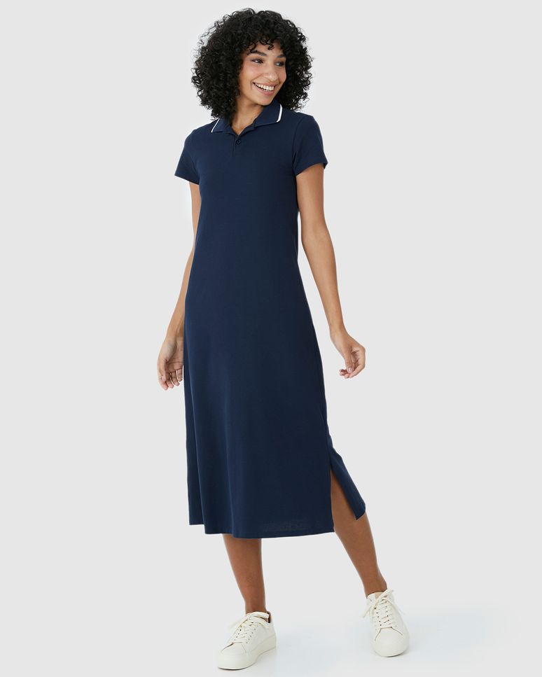 Vestido Midi Feminino Polo Fenda Lateral Em Piquet Stretch