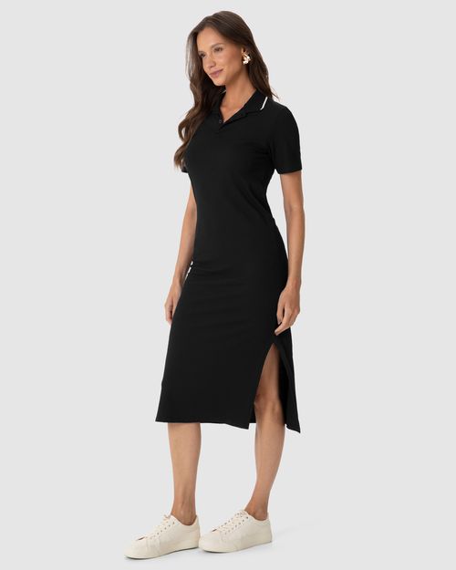 Vestido Midi Feminino Polo Fenda Lateral Em Piquet Stretch