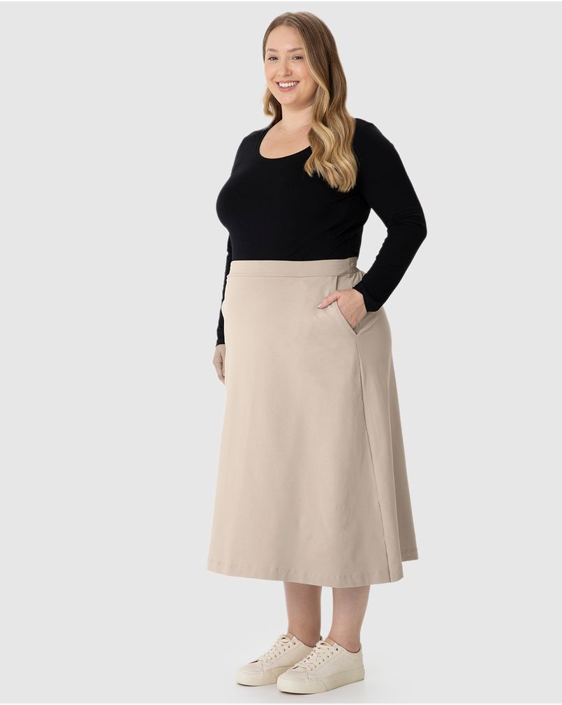 Saia Midi Feminina Plus Size Evasê Bolso Faca Em Moletom Stretch
