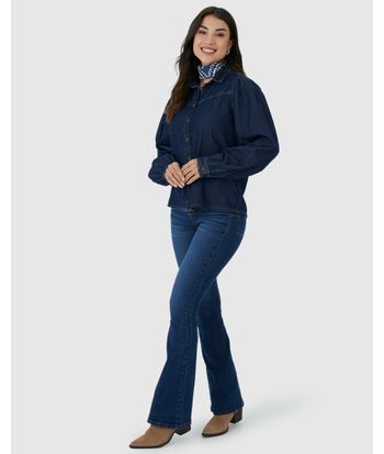 Camisa Feminina Manga Longa Com Pregas Em Jeans 100% Algodão