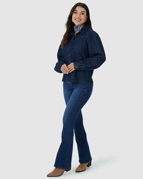 Camisa Feminina Manga Longa Com Pregas Em Jeans 100% Algodão