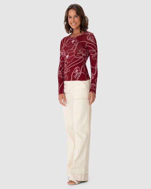 Blusa Feminina Estampada Decote Redondo Manga Longa Em Viscose Stretch
