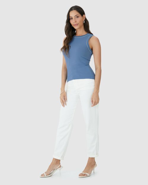 Regata Feminina Costura Contraste Em Malha Viscose Canelada