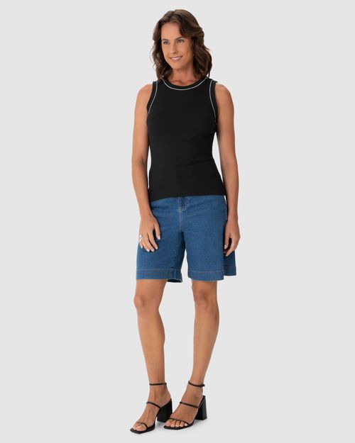 Regata Feminina Costura Contraste Em Malha Viscose Canelada
