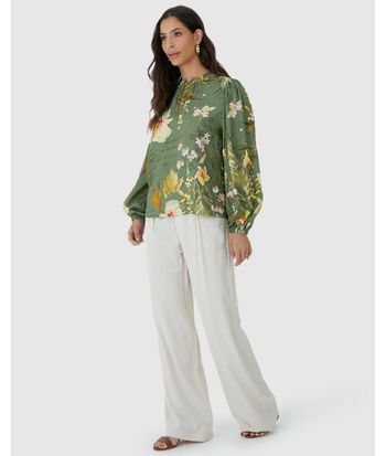 Blusa Ampla Feminina Floral Manga Longa Bufante Em Viscolinho