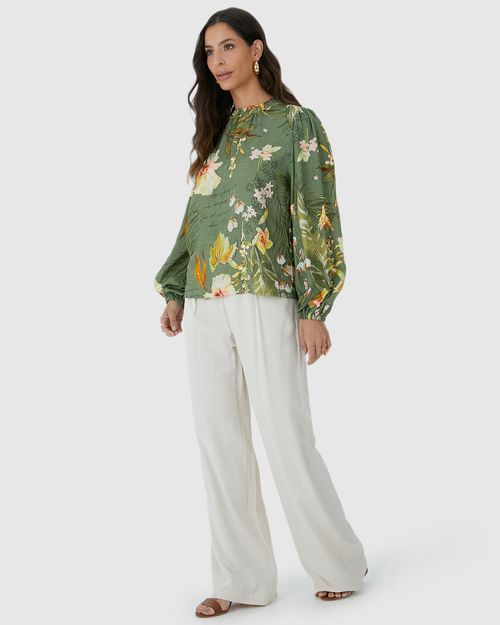 Blusa Ampla Feminina Floral Manga Longa Bufante Em Viscolinho