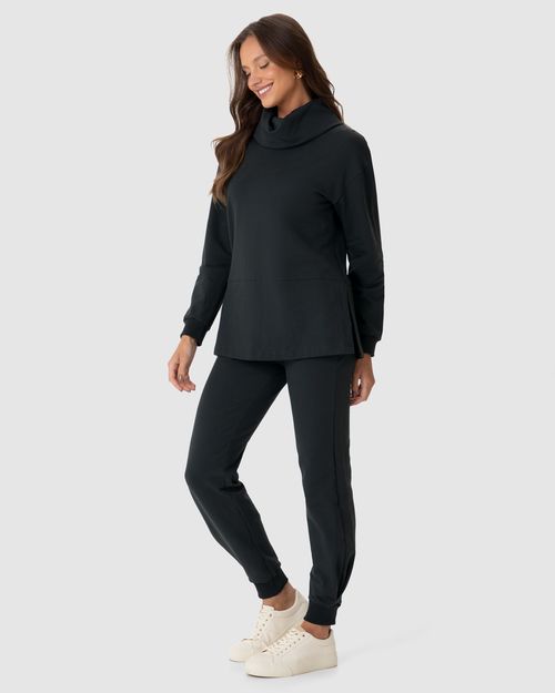 Blusão Feminino Alongado Fenda Lateral Em Moletom Stretch Flanelado