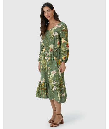 Vestido Midi Feminino Amplo Manga 7/8 Em Viscolinho