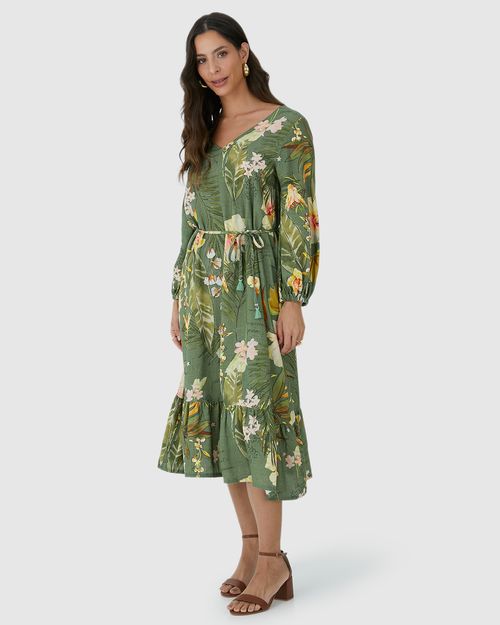 Vestido Midi Feminino Amplo Manga 7/8 Em Viscolinho