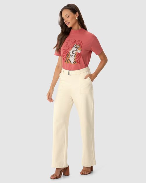 Calça Reta Feminina Com Cinto E Bolso Funcional Em Moletom Flanelado