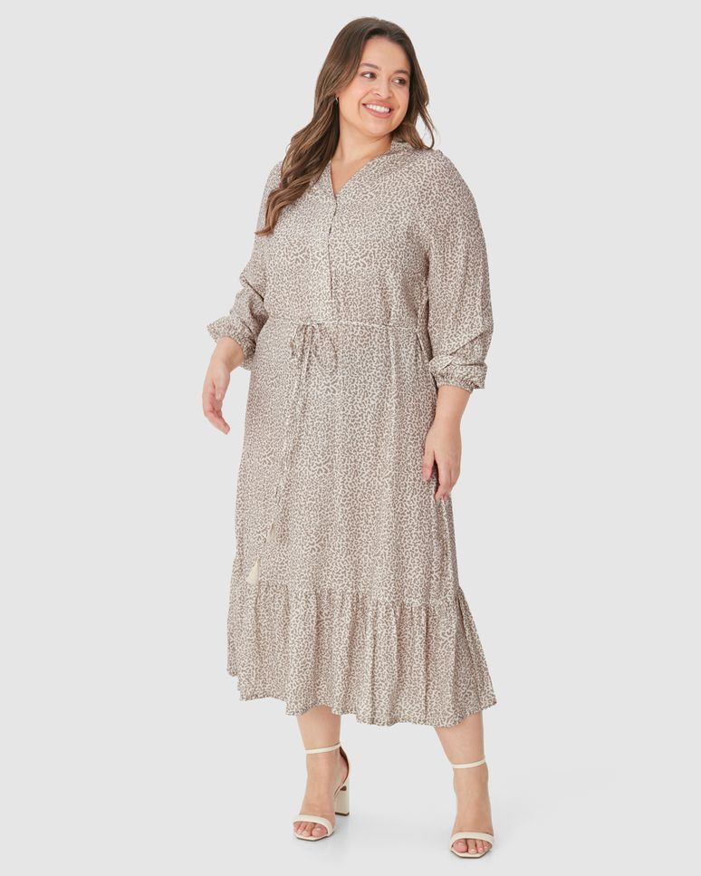 Vestido Midi Feminino Plus Size Amplo Manga 7/8 Em Viscose