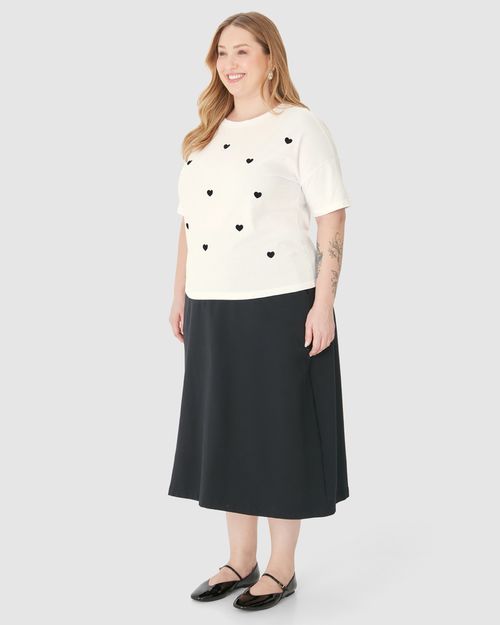 Camiseta Feminina Plus Size Ampla Bordado Frontal Em Algodão